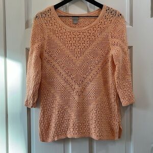 Chico's Open Knit Weave Orange Sherbet 100% Cotton Sweater - Size Medium